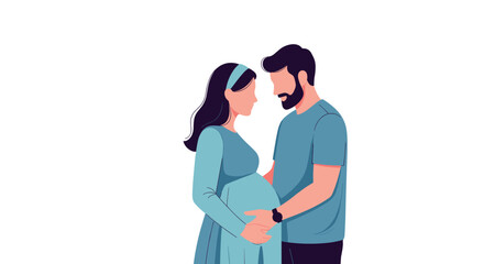 Loving young couple expecting a baby with husband gently touching pregnant wife's belly in a flat illustration style on white background.