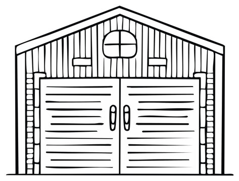 Simple hand-drawn illustration of a barn with double doors and a round window