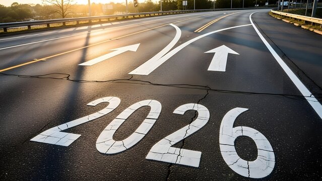 A road marking with the year 2026 and arrows pointing to the future
