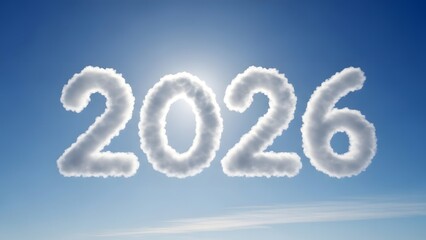 Futuristic year 2026 in shining numbers against blue sky