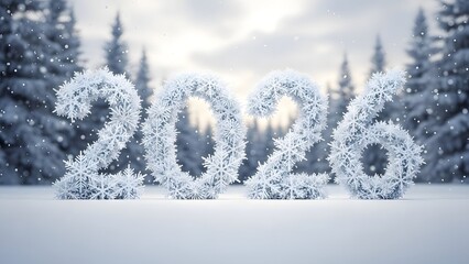 Winter wonderland scene with frosty 2026 text in snowy forest