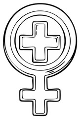 Fototapeta premium Medical symbol of female health with a plus sign, hand drawn illustration