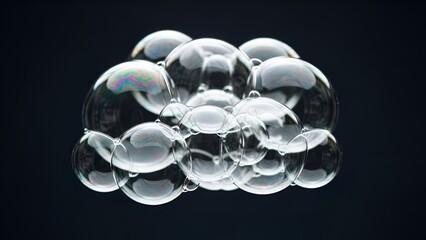 Cluster of iridescent bubbles floating against a dark backdrop captures light and dimension
