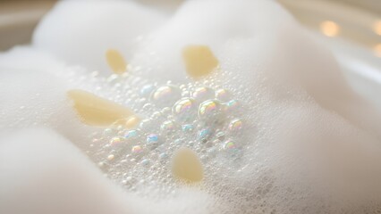 Delicate foam landscape with iridescent bubbles and solid highlights creating visual texture