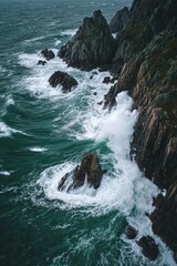 Coastal Cliffs Meeting Crashing Waves Dark Teal Waters From Above