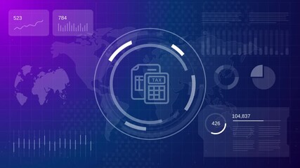 Animated tax calculation concept with digital document calculator icon on a purple data dashboard background featuring financial charts and global map analytics - Powered by Adobe