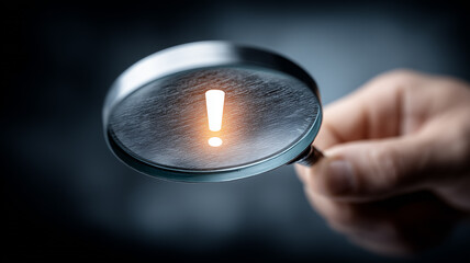 A magnifying glass highlighting an exclamation mark to represent scrutiny alertness and a critical warning concept.
