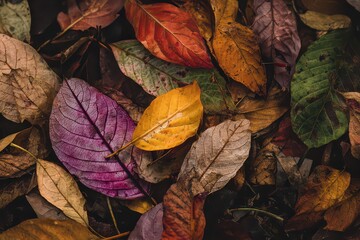 Colorful Autumn Leaves Overhead Displaying Variety of Hues and Textures in Soft Natural Lighting in Outdoor Setting Creating Warm and Inviting Autumn Ambiance