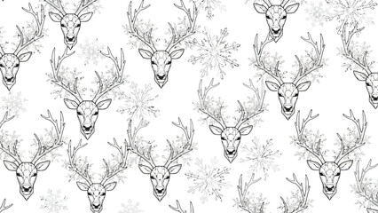 Seamless Pattern of Reindeer Heads and Snowflakes Line Art for Christmas