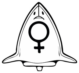 Stylized black and white rocket ship with female symbol on front, representing space travel and gender equality.