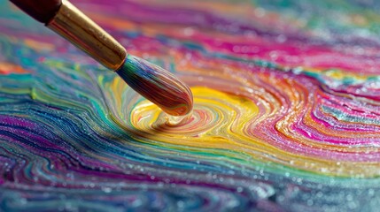 A close-up view of a paintbrush creating a swirling, vibrant, multicolored abstract painting. The brush bristles are covered in paint
