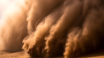 Towering wall of sand engulfing the desert landscape, a massive dust storm looms over arid terrain