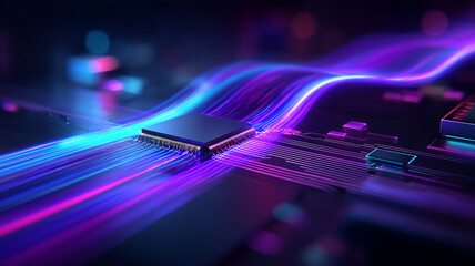 A microchip receiving flowing digital signals representing advanced processing, high performance computation and integrated electronic systems.
