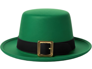 A green felt hat with a black band and gold buckle on transparent background