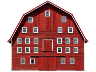 A large red barn with white trim and many windows on transparent background
