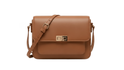 Minimal tan flap messenger crossbody with slim adjustable strap, front pocket and gold twist lock, a sleek neutral handbag for errands, travel, workdays and effortless everyday outfits

