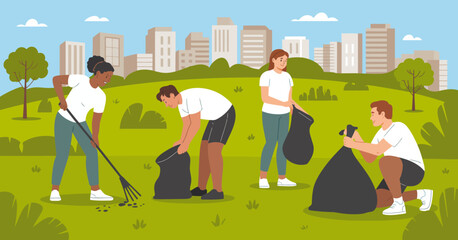 Engaged volunteers participating in a community clean-up event in a sunny park, showcasing teamwork and dedication to preserving the environment and nature's beauty.