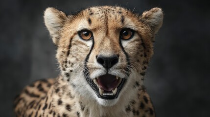 A close-up portrait of a cheetah, showcasing its spotted coat and open mouth against a dark, blurred backdrop