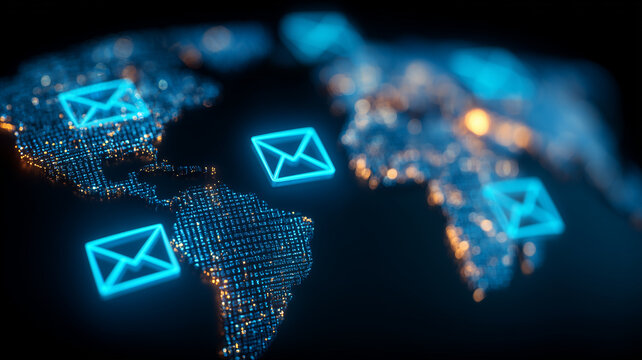 A world communication map featuring digital envelopes representing international message exchange and coordinated global information flow.
- Powered by Adobe