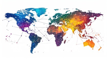 Obraz premium Colorful World Map with Network Connections on White Background.