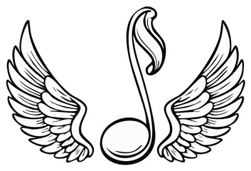 Fototapeta premium Musical note with stylized wings, illustration in black and white.