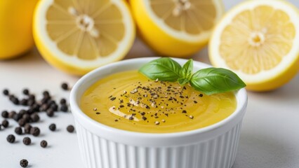 Healthy Lemon Dressing: Fresh yellow sauce in bowl with basil and black pepper for gourmet salad preparation