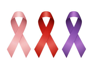 Three colorful awareness ribbons on transparent background for health and support