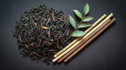 Overhead Shot Of Pile Of Black Tea Leaves With Green Branch And Brown Sticks On Dark Textured Surface