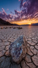 Desert Landscape with Cracked Earth and Sunset Sky Reflecting in Ground Textures in Warm Hues and Dramatic Skies, a Boulder in the Foreground