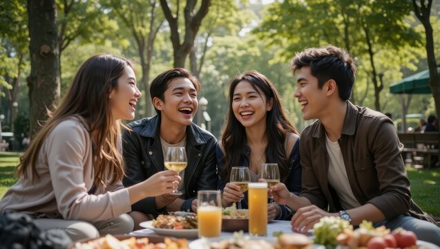 Group Of Friends Enjoying A Joyful Picnic Together In A Lush Green Park During Summer Afternoon
