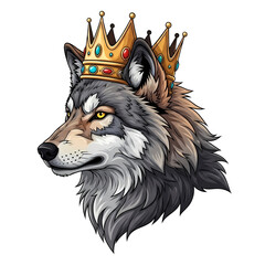 Naklejka premium Majestic Wolf Wearing Golden Crown with Jewels Cartoon Illustration