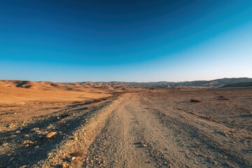Desert Landscape with Rocky Terrain under Clear Blue Sky at Daytime, featuring an Elevated View, Natural Lighting, Warm Tones, and a Distant Cityscape