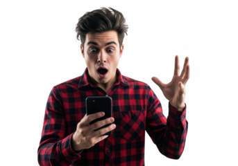A young man in a red plaid shirt looks shocked while holding a smartphone on transparent background