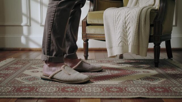 Male feet in house slippers tapping on carpet.