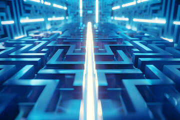 Futuristic digital maze transforming into glowing pathway