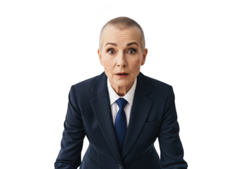 A surprised businessman in a suit looking directly at the camera on transparent background