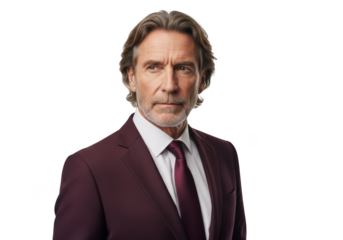 A middle-aged man in a maroon suit and tie standing against a black background on transparent background
