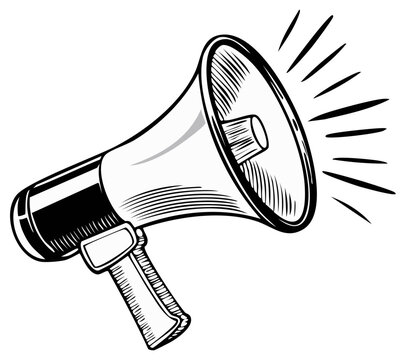 Handheld Loudspeaker Illustration with Sound Waves and Horn in Retro Engraving Style