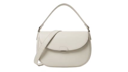 Minimal white crescent shoulder bag with wide strap, smooth flap front and softly curved base, a sleek neutral crossbody for errands, commuting, travel and relaxed everyday outfits

