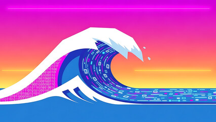 big data wave illustration depicting a powerful surge of digital information and binary code across a futuristic internet landscape