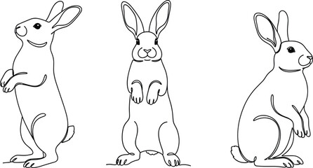 Flat vector upright rabbit illustration animal pose silhouette bunny standing line drawing contour ears paws minimal black white © MstFerdushe