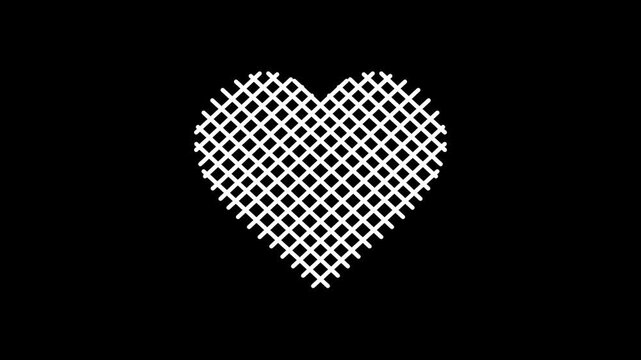 White geometric grid heart animation with minimalist crosshatch pattern on black background for modern romantic overlays or technical cardiology concepts.
