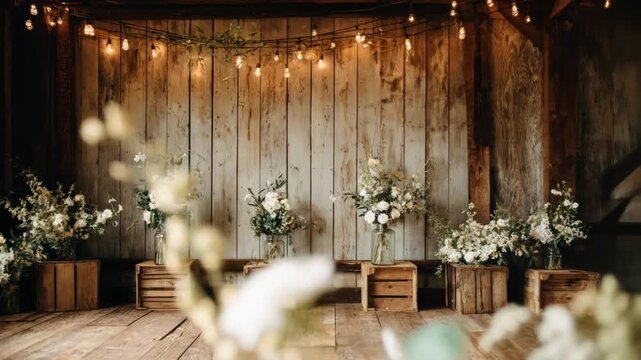 A rustic wooden backdrop decorated with flowers on crates and strings of lights for an event