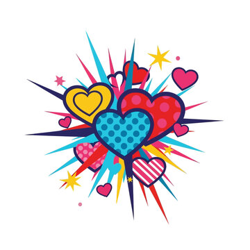 A vibrant illustration of multiple colorful hearts exploding outward in a dynamic graphic design.