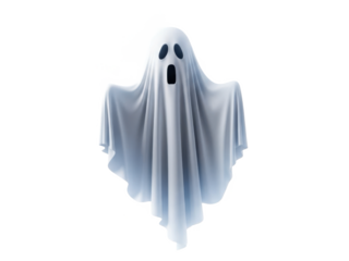 A ghost wearing a white sheet with holes cut out for eyes on transparent background