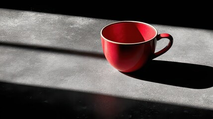 Red Ceramic Mug on Dark Surface with Sunlight and Shadows Contrast