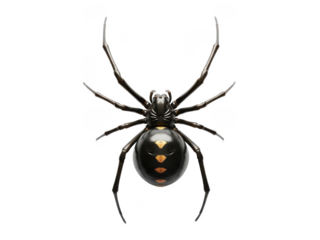A black widow spider with distinctive orange markings on a transparent background