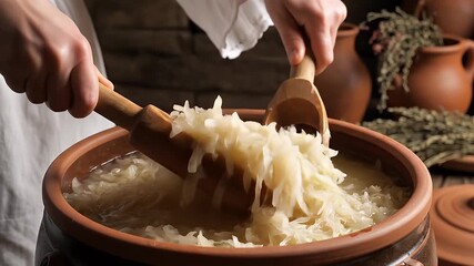 Traditional Cooking Process with Clay Pot and Wooden Utensils.