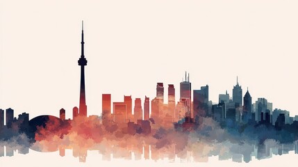 Obraz premium Silhouette view of a cityscape dominated by a tall tower, rendered in a watercolor style with color gradients. The skyline is against a white background