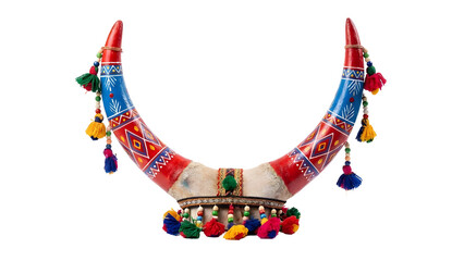 Traditional decorated cow horn with colorful paint and tassels isolated on white background for tribal culture design